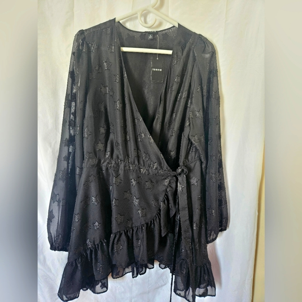 Sheer Black Wrap Blouse with Star Pattern